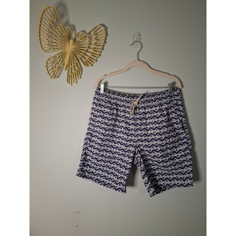 J.Crew Mens Blue Geometric Wave Print Swim Trunks Mesh Lined Medium